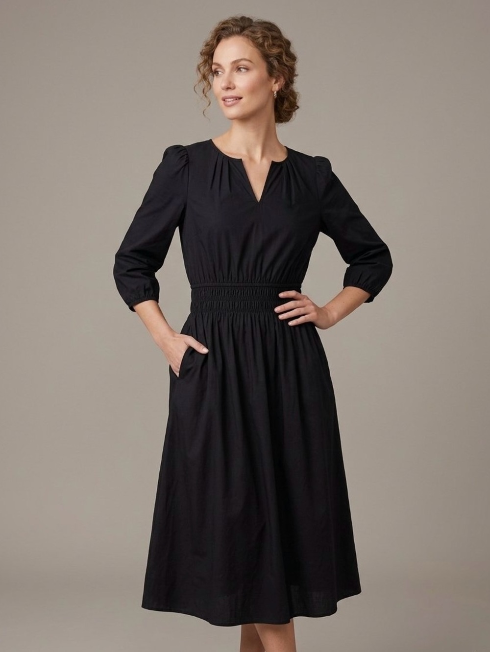 Talbots Black Cotton Poplin Smocked Waist Midi Dress with Pockets Size 10